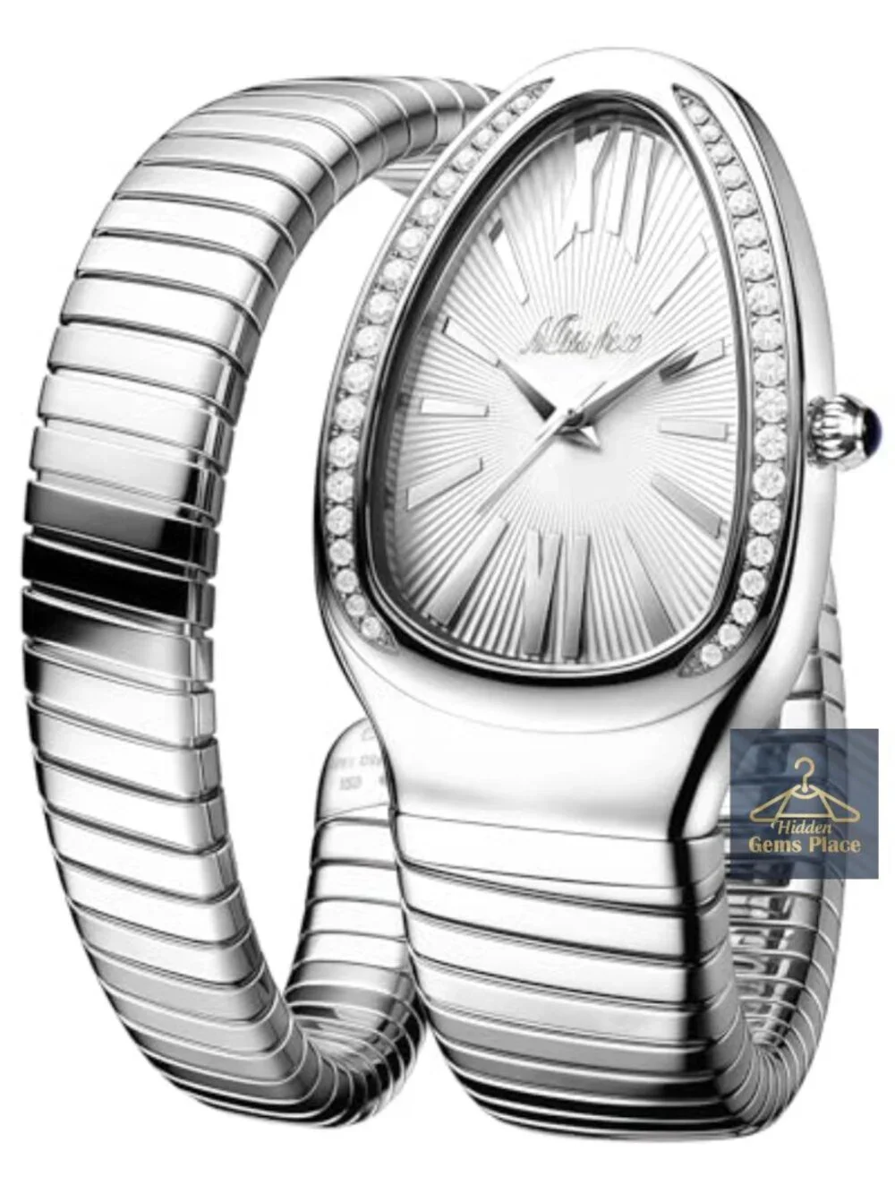 Snake Face Watch Women Teardrop Dial Mother of Pearl Blue Roman Numerals